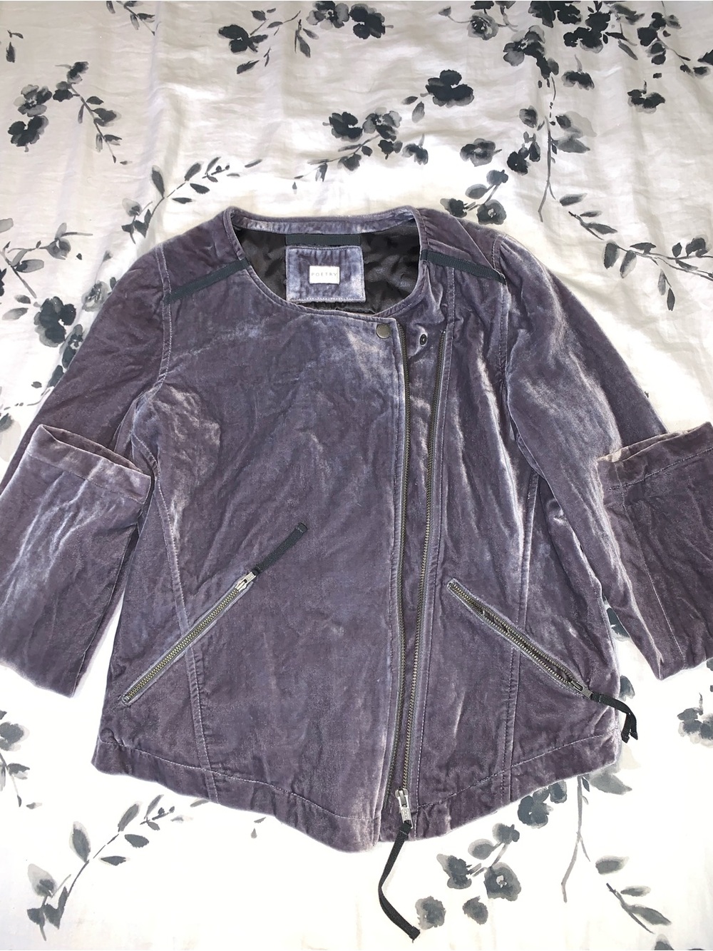 Poetry Velvet Asymmetrical Zip Jacket - Lavender Gray